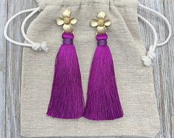 Purple Tassel Earrings - Tassel Earrings - Silk Tassels - Statement Earrings - Long Tassels - Flower Earrings - Dangle Earrings