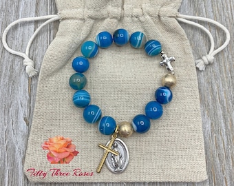 Rosary Bracelet - Blue Agate Bracelet - Womens Gift - Beaded Bracelet - Religious Gift - Inspirational Bracelet - Confirmation Gift - Rosary