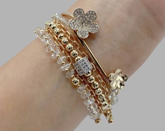Multi Strand Bracelets - Flower Cuff Bracelet - Beaded Bracelets - Gold Bracelets - Bracelet Mix - Crystal Bracelets - Gift For Her