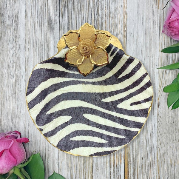 Zebra Print Dish - Zebra Decor - Decoupage Seashell - Ring Dish - Animal Prints - Jewelry Organizer - Women's Jewelry - Gift For Her