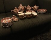 1950 s Japanese Satsuma moriage tea set with lithophane image of a Geisha cameo.