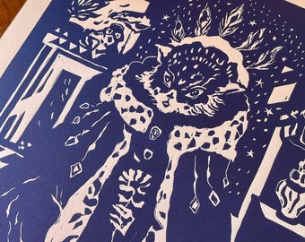 Costumed Cat Portrait in Linocut - “Nocturne” - Original Creation - Costume Ball - Blue Ink - Limited Edition