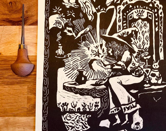 Featured listing image: De la Magie dans l’Air - Linogravure Artisanale de Sorcière en Édition Limitée, Numérotée et Signée - Un Cadeau Enchanteur