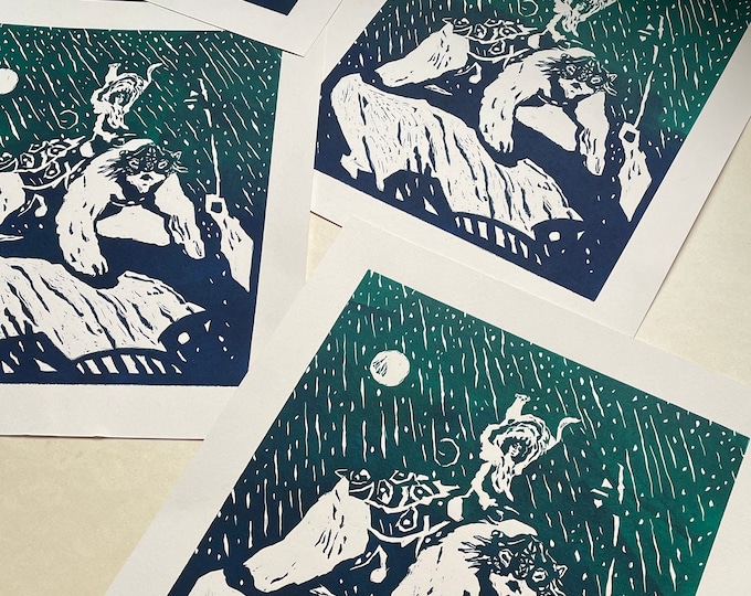 Featured listing image: En Route vers Bolvangar - Linogravure Inspirée de “His Dark Materials” - Édition Limitée, Numérotée et Signée