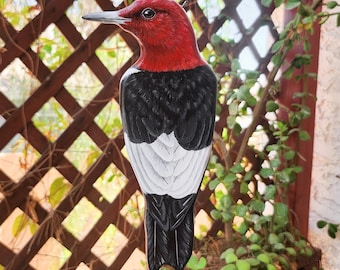 Red Headed Woodpecker - Wooden Wall Art, Handmade, Painted Bird on Wood