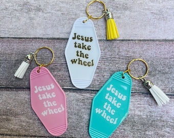 Jesus Take the Wheel Keychain/ Double-Sided, Resin coated Retro motel keychain/ Trendy car accessories/ Gifts under 15