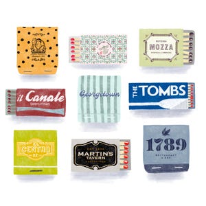 May include: Nine illustrated matchbooks with various designs and text. The matchbooks feature restaurant and bar names like "The Tombs", "1789 Restaurant & Bar", and "Martin's Tavern". Colors include yellow, green, blue, and red.