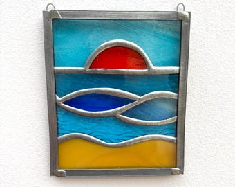 Vitral, Nascer do Sol, Praia Ensolarada, Dia de Verão, Paisagem Marinha, Arte para Pendurar, Apanhador de Sol, Arte de Parede