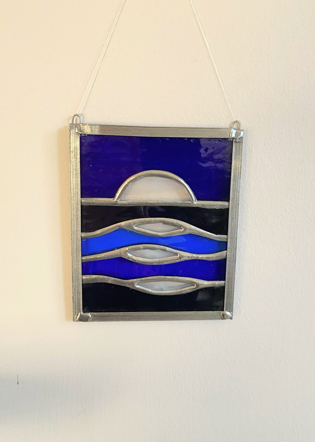 Small Stained Glass Panel, Moonlight on Water, Seascape, Blue Glass Art
