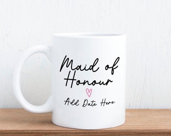 Taza de regalo personalizada de la dama de honor para la fecha de la boda