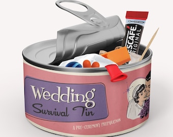 Regalo de estilo retro para una boda, novia, novio, lata de supervivencia novedosa, kit, Sr. y Sra.