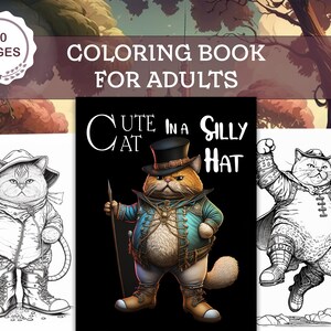 Cute Cats in Silly Hats Coloring Book - 30 Fairy tale Grayscale Coloring Pages of Adorable Cat Characters - Digital Download