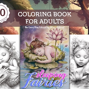 Libro para colorear de hadas bebé durmiente para adultos - 20 lindas páginas para colorear en escala de grises de hada bebé durmiente - PDF imprimible