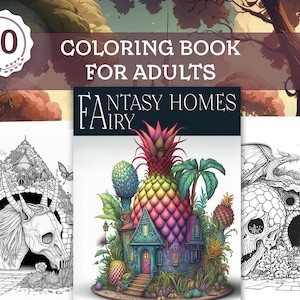 Fantasy Fairy Houses Coloring Book - 30 Grayscale Tiny Houses Coloring Pages For Adults, Printable PDF