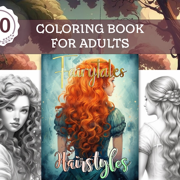 Sprookjesachtige kapsels kleurboek voor volwassenen - 20 prachtige prinsessenkapsels - grijswaarden kleurplaten - afdrukbare PDF