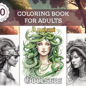 Ancient Godesses Portrait Coloring Book For Adults -  Volume 2 - 30 Fantasy Grayscale Coloring Pages - Printable PDF File