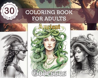 Ancient Godesses Portrait Coloring Book For Adults -  Volume 2 - 30 Fantasy Grayscale Coloring Pages - Printable PDF File