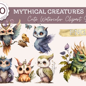 Cute Mythical Creatures Clipart Set - 20 Transparent Magical Creatures with Commercial License
