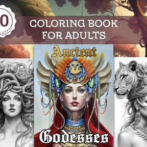 Ancient Goddesses Portrait Coloring Book For Adults - 30 Fantasy Grayscale Coloring Pages - Printable PDF File
