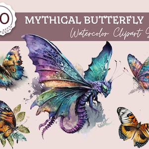 Mythical Watercolor Butterfly Clipart Bundle -  20 Vibrant Butterfly PNG Sublimation Images for Commercial Use