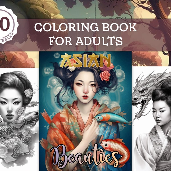 Asian Beauties Portrait Coloring Book for Adults Set 1 - 20 Beautiful Japanese Women Grayscale Coloring Pages - Printable PDF