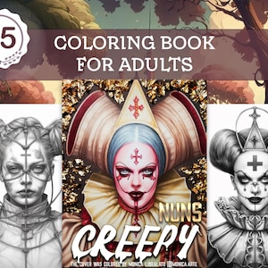 Creepy Nuns Coloring Book for Adults - 25 Horror Grayscale Coloring Pages - Digital Download