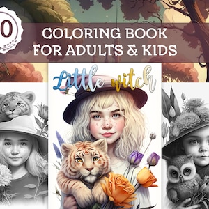 Cute Little Witches with Animals - Coloring Book For Adults-Kids - 30 Fantasy Grayscale Coloring Pages