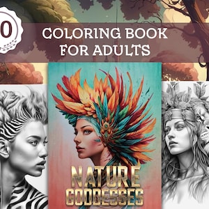 Nature Goddesses Portrait Coloring Book For Adults - 30 Fantasy Grayscale Coloring Pages - Printable PDF File