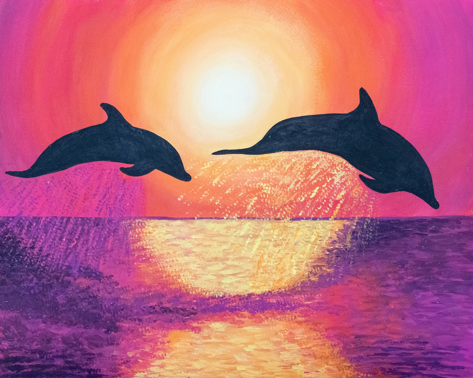 Дельфин на закате рисунок