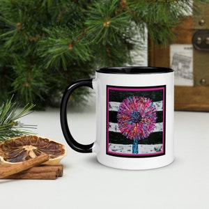 Abstract Flower Black Stripe Coffee Mug  pink yellow teal red white and black