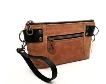 Convertible Cross-body Bag, Hip Bag, Wrist Bag in Waxed Canvas and Leather Detail - Honey
