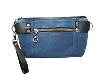 Convertible Cross-body Bag, Hip Bag, Wrist Bag in Waxed Canvas and Leather Detail - Lake Blue