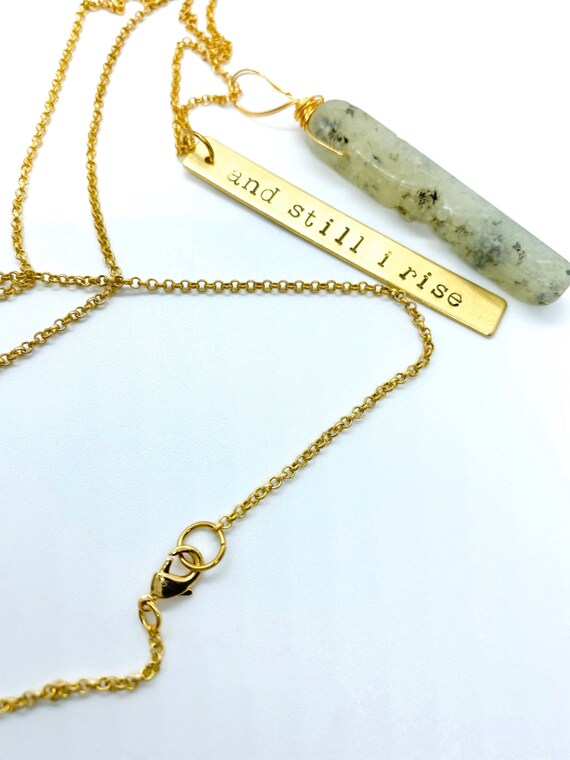 Necklace And Still I Rise Feminist Maya Angelou Brass Pendant Crystal Customise Handstamped Words