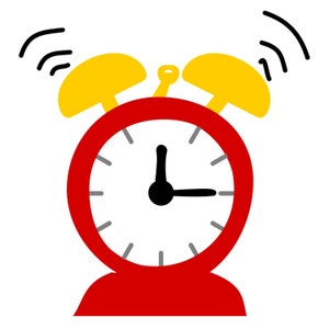May include: A red alarm clock with yellow bells is ringing. The clock face has black hands and a white background.