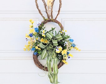 Bunny wreath,EasterBunny wreath, Moss wreath,Spring wreath, Easter wreath for front door,Yellow Spring blossom wreath ,Blue hops wreath