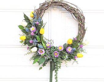 Tulip wreath,Yellow tulip, cream-light yellow tulip,Purple strawflower, Blue Muscari-grape hyacinth wreath,Blue and Purple flower,wildflower