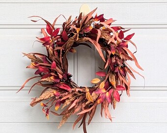 Pampas grass wreath,Fall rust orange grass wreath with pampas grass,Fall burgundy foliage wreath with pampas grass and berries,burnt orange