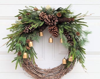 Gold Bell wreath,Norfolk pine wreath,Winter wreath,Winter pine and pinecone wreath,Pine and flocked  ceder wreath