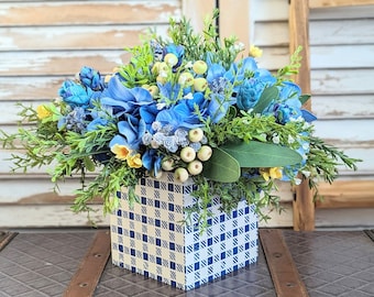 Hydrangea arrangement,Spring-Summer arrangement,Blue and white decor,Blue and yellow floral arrangement,Blue and white vase,Table decor