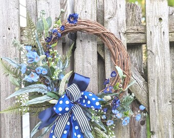 Cherry blossom wreath, Mixed Eucalyptus wreath with blue flowers, Eucalyptus and fern wreath,Blue and white wreath,Blue flower wreath,Summer