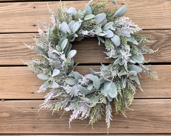 Winter wreath, Winter lamb's ear wreath, Winter flocked greenery wreath, front door wreath for Winter, Winter greenery wreath