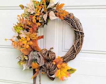Magnolia Leaf Fall Wreath: Bittersweet, Vine Pumpkins & Orange Berries