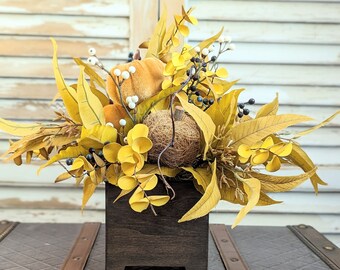 Mustard-Harvest gold Fall  arrangement,Fall centerpiece with pumpkins and berries, eucalyptus arrangement, arrangement with velvet pumpkins