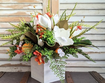 Magnolia arrangement, Orange arrangement, Magnolia and Orange centerpiece, Summer arrangement, Orange kitchen decor, Cottage style decor