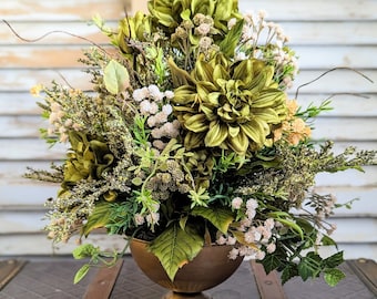 Neutral Fall  arrangement,Fall Dahlia centerpiece,Dahlia arrangement in urn, Monochromatic floral arrangement,Green silk flower arrangement