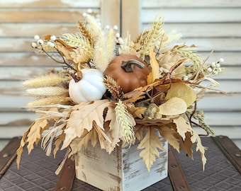 Neutral fall arrangement,Neutral fall centerpiece, wheat and bunny tail arrangement,Neutral pumpkin and brown maple arrangement,fall foliage