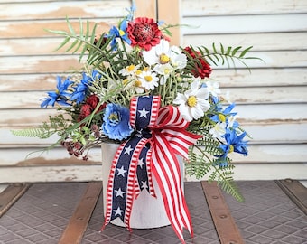 Patriotic arrangement with Cosmos and Poppy, July 4th-Memorial day  arrangement, Patriotic centerpiece, Americana,Red-white and blue,Daisy