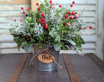 Christmas arrangement,Red- white- green arrangement in galvanized container, Noel sign,Boxwood centerpiece,red berry arrangement,Traditional