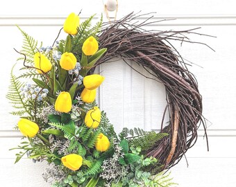 Tulip wreath,Yellow tulip wreath,Spring tulip wreath for front door,Easter wreath,Real touch tulip wreath,yellow flower wreath
