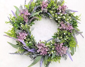 Spring wreath, Spring Lavender and Lilac wreath, Purple flower wreath, Purple and white flower door wreath
